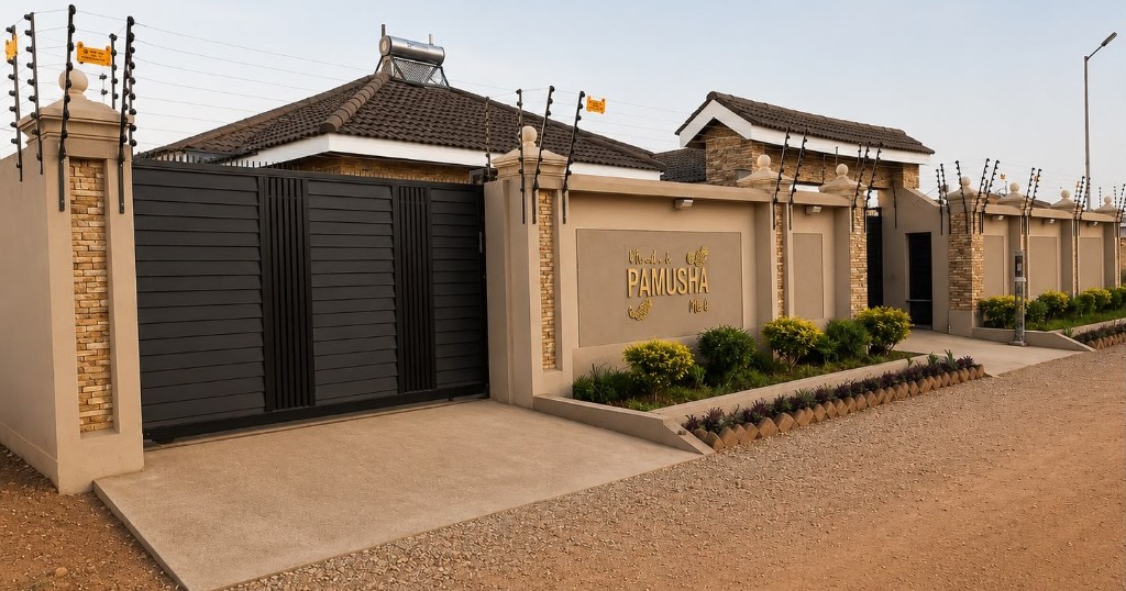 The gated entrance to a Pamusha property, with the name on the wall